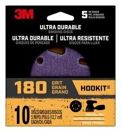 3M™ Ultra Durable 5 inch Power Sanding Discs, Universal Hole, 180 grit,
Disc5in10pk180, 10/pk, 12pks/cs