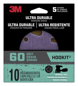 3M™ Ultra Durable 5 inch Power Sanding Discs, Universal Hole, 60 grit,
Disc5in10pk60, 10/pk, 12pks/cs