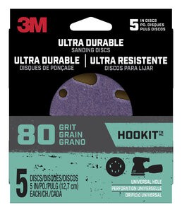 3M™ Ultra Durable 5 inch Power Sanding Discs, Universal Hole, 80 grit,
Disc5in5pk80, 5/pk, 20/case