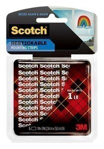 Scotch® Restickable Mounting Strips R101S, 1 in x 3 in (2.54 cm x 7.62 cm) 6/pk
