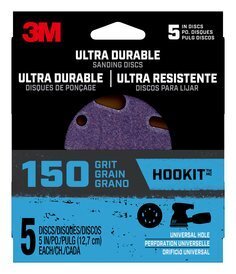 3M™ Ultra Durable 5 inch Power Sanding Discs, Universal Hole, 150 grit,
Disc5in5pk150, 5/pk, 20/case